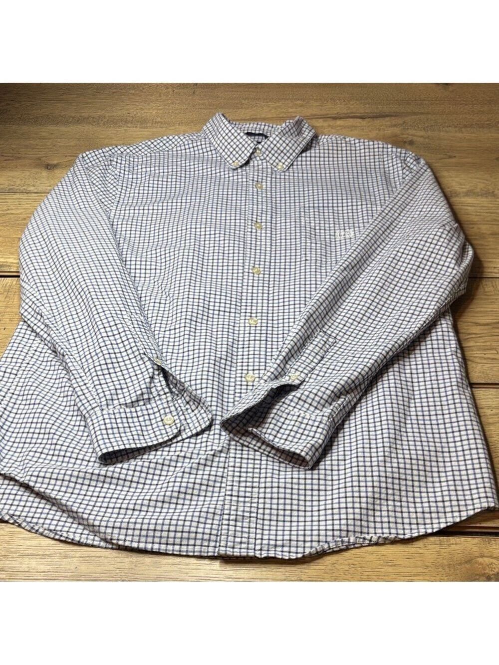 Chaps Men's White, Black and Blue Plaid Button Down Shirt Size Large